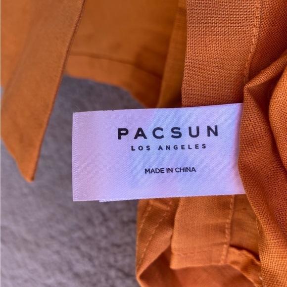 Pacsun Orange Embroidered Logo Linen Blend Short Sleeve Button Camp Shirt Sz L - Picture 6 of 8